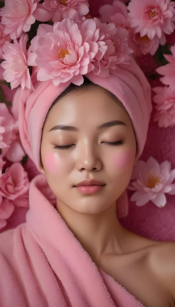 An Asian Woman 25 Years Old Pink Towel On Her Head And Pink Cream On Her Face Eyes Closed Pink Flowers Background 55 3854