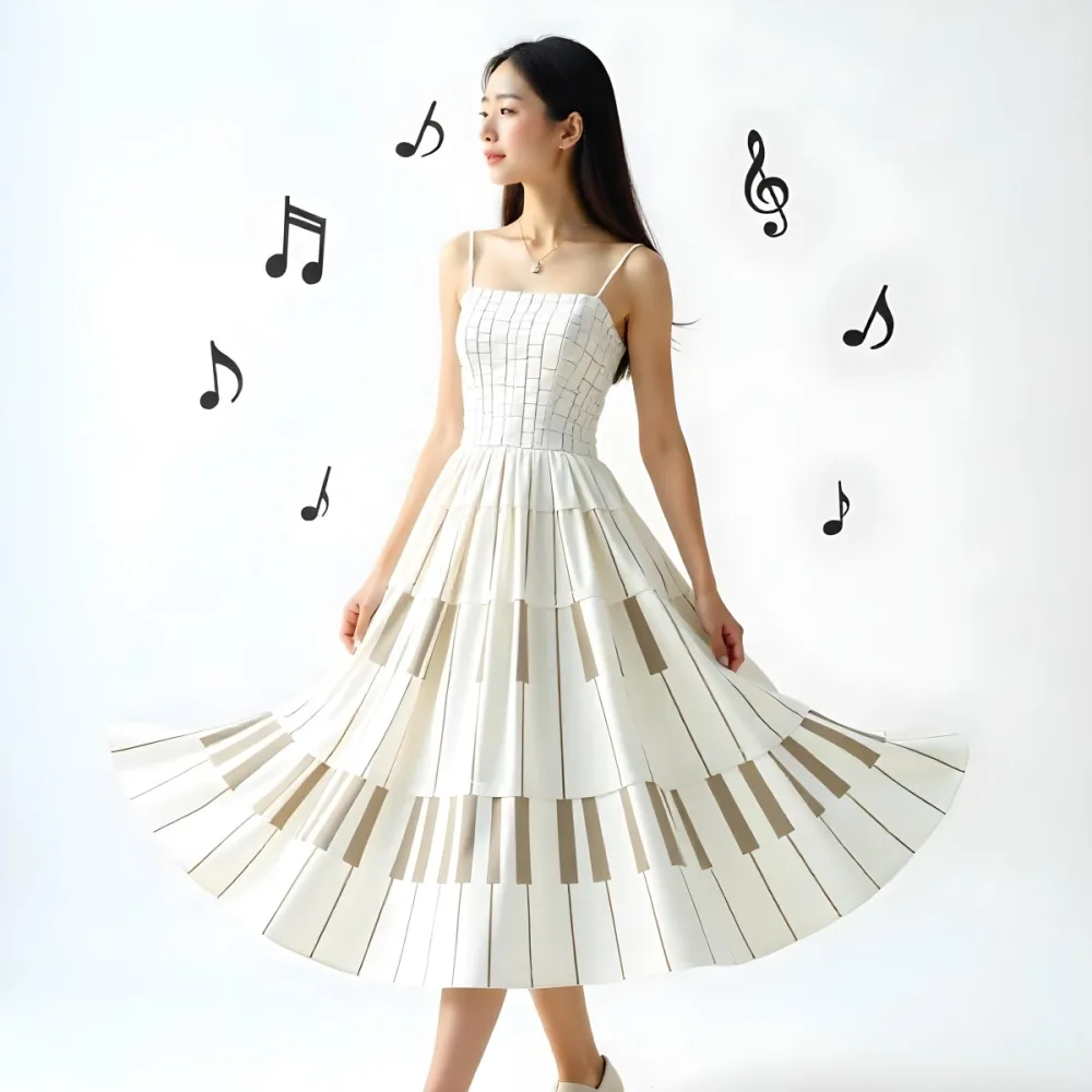 An Asian Woman 28 Years Old With A White Dress Made Of Piano Keys Musical Notes In The Background White Background 10 C764