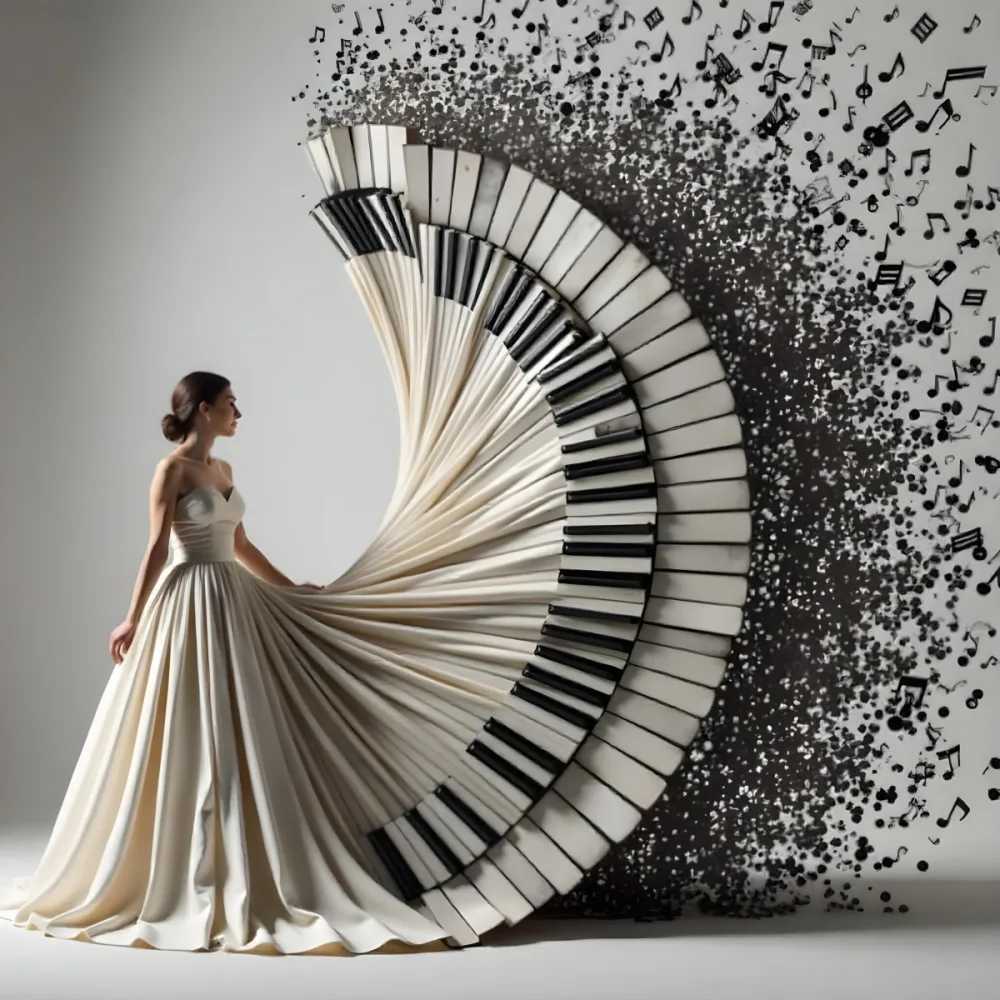 An Asian Woman 28 Years Old With A White Dress Made Of Piano Keys Musical Notes In The Background White Background 26 F929