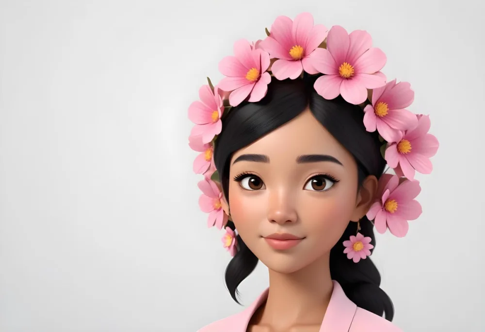 An Asian Woman Brown Skin 23 Years Old Black Hair With Pink Flowers In Her Head White Background 3 2c8b
