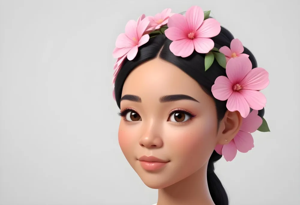 An Asian Woman Brown Skin 23 Years Old Black Hair With Pink Flowers In Her Head White Background 5 50c5