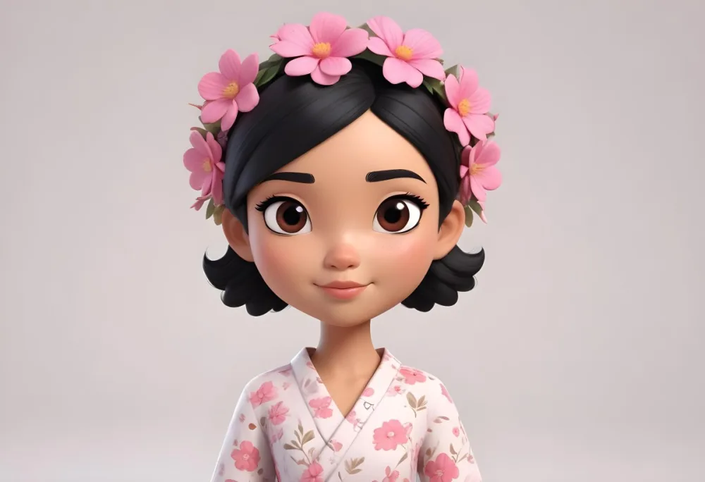 An Asian Woman Brown Skin 23 Years Old Black Hair With Pink Flowers In Her Head White Background 6 4e2a