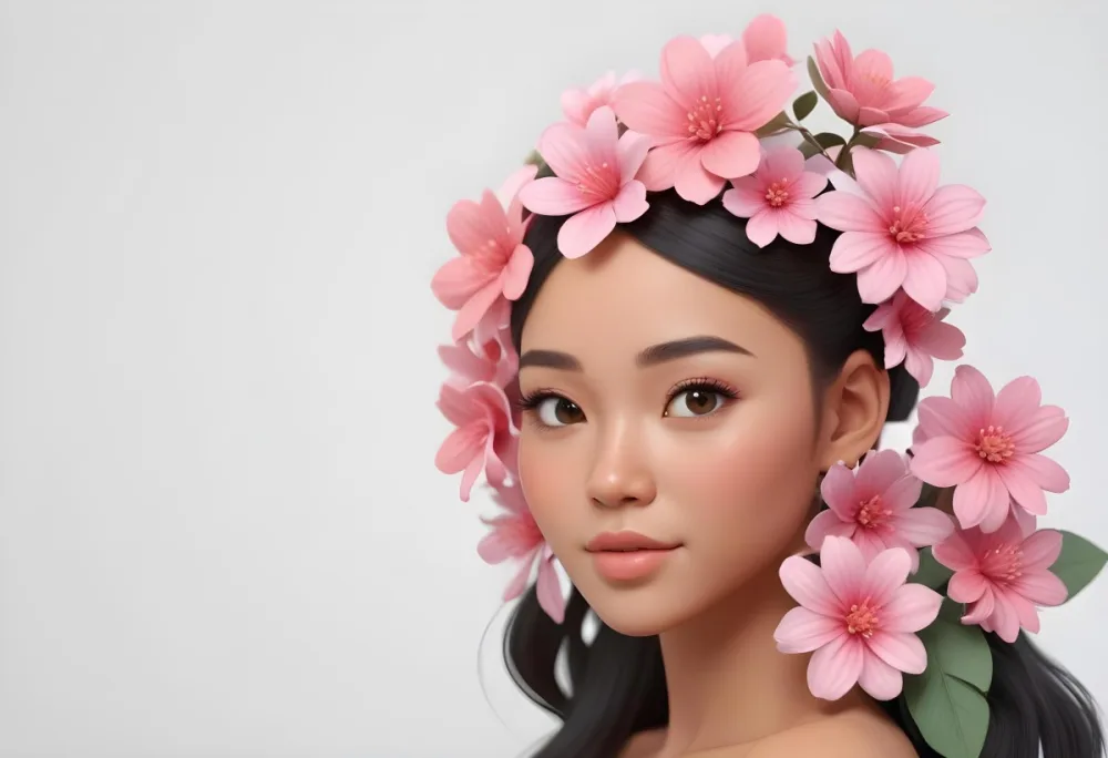 An Asian Woman Brown Skin 23 Years Old Black Hair With Pink Flowers In Her Head White Background 9 4e32