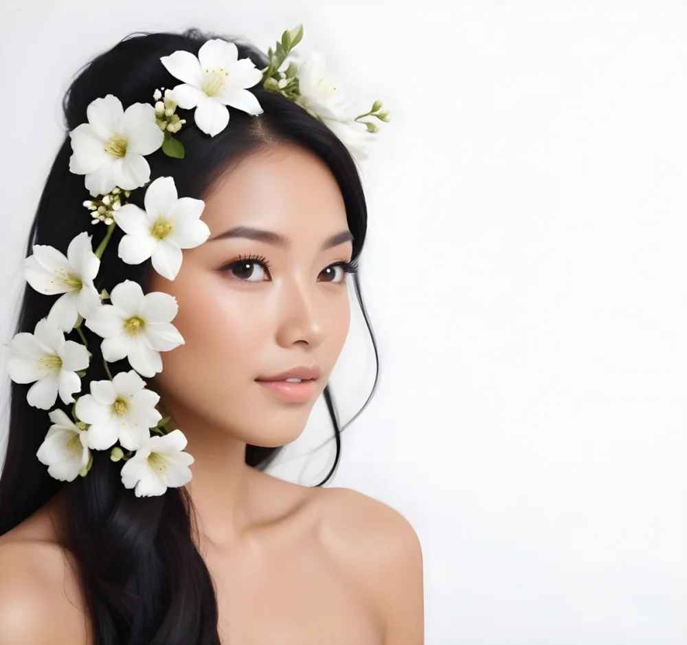 An Asian Woman Tan Skin 25 Years Old Long Black Hair With White Flowers In Her Hair White Background 5 D91c