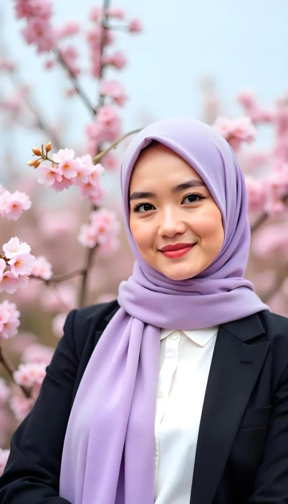 An Asian Woman With Black Eyes 24 Years Old Wearing A Lilac Hijab And A Black Suit Flowers Background 1 Ddce