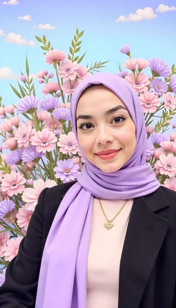 An Asian Woman With Black Eyes 24 Years Old Wearing A Lilac Hijab And A Black Suit Flowers Background 18 06c0