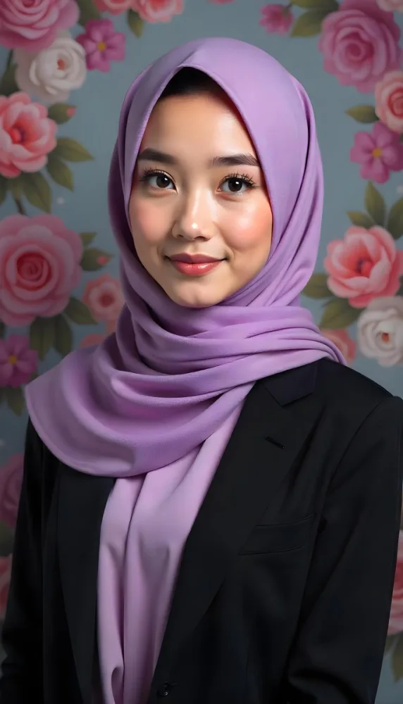 An Asian Woman With Black Eyes 24 Years Old Wearing A Lilac Hijab And A Black Suit Flowers Background 19 4057
