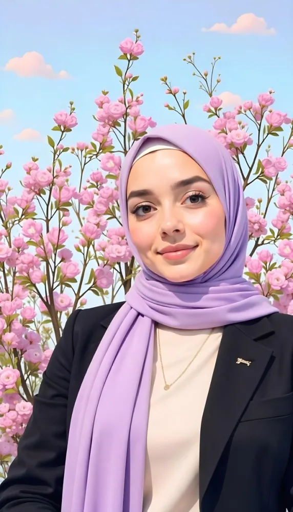 An Asian Woman With Black Eyes 24 Years Old Wearing A Lilac Hijab And A Black Suit Flowers Background 20 C1cc
