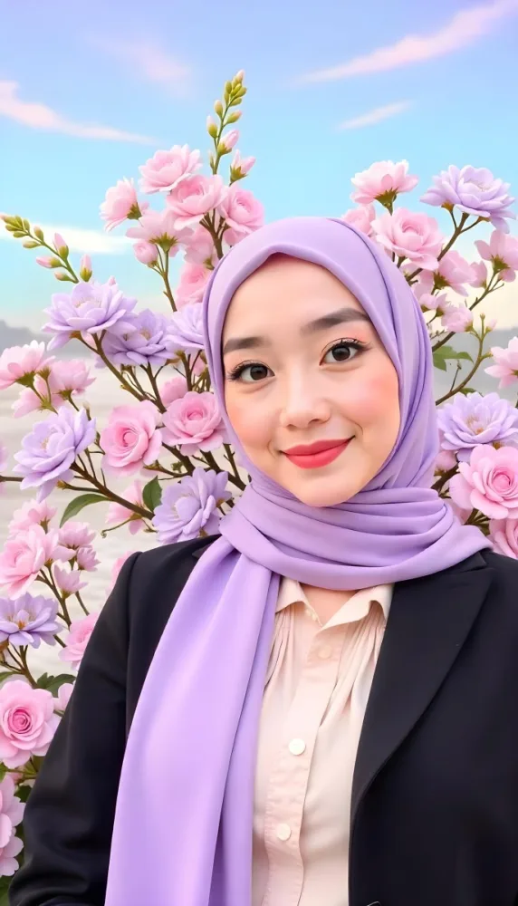 An Asian Woman With Black Eyes 24 Years Old Wearing A Lilac Hijab And A Black Suit Flowers Background 24 D5f2