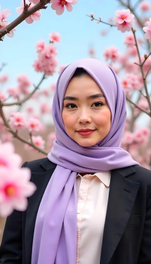 An Asian Woman With Black Eyes 24 Years Old Wearing A Lilac Hijab And A Black Suit Flowers Background 31 B67f