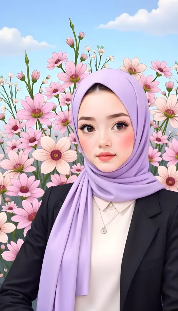 An Asian Woman With Black Eyes 24 Years Old Wearing A Lilac Hijab And A Black Suit Flowers Background 34 Fde2