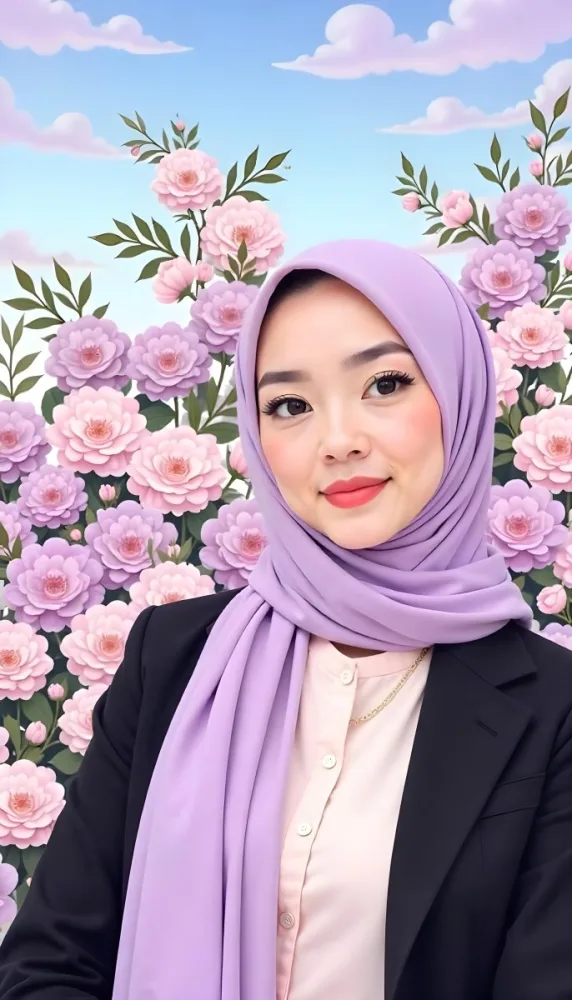 An Asian Woman With Black Eyes 24 Years Old Wearing A Lilac Hijab And A Black Suit Flowers Background 36 947d