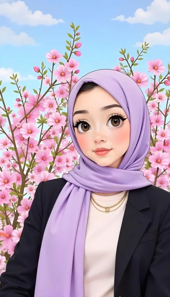 An Asian Woman With Black Eyes 24 Years Old Wearing A Lilac Hijab And A Black Suit Flowers Background 37 Cde6