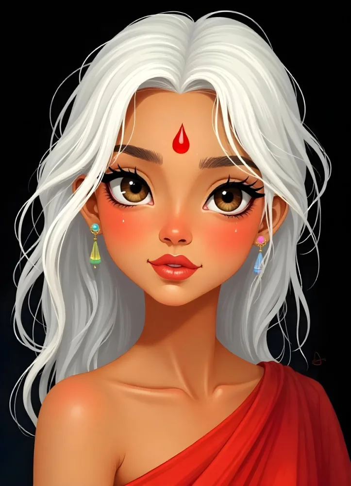 An Indian Woman 23 Years Old Light Skin Brown Eyes White Hair Red Bindi Brown Lips In A Black Background 1 78d4