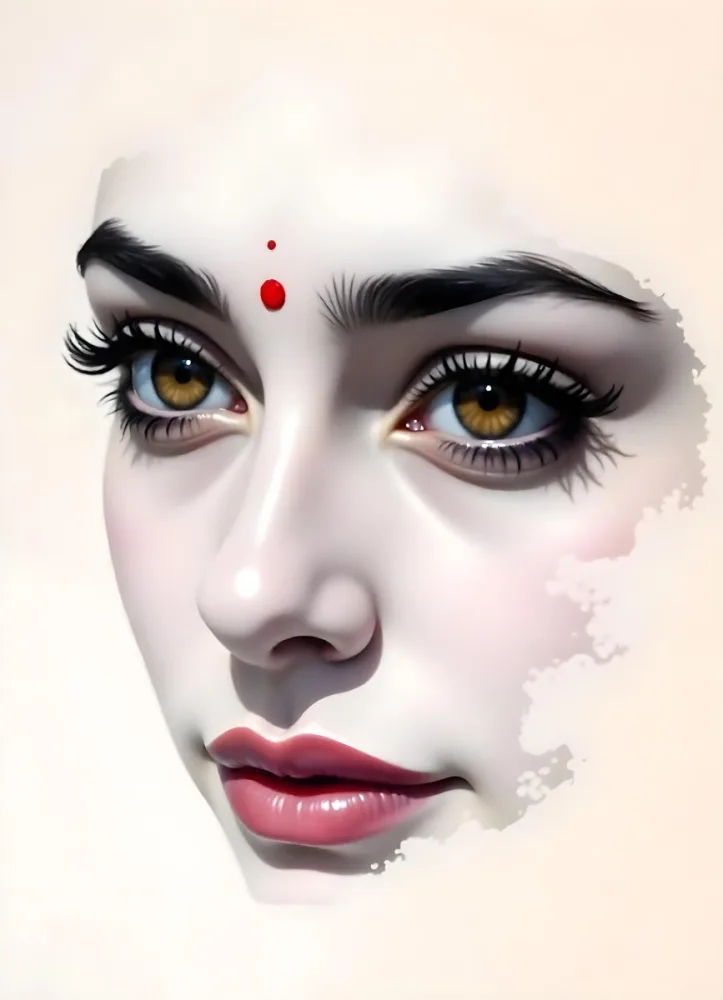 An Indian Woman 23 Years Old Light Skin Brown Eyes White Hair Red Bindi Brown Lips In A Black Background 16 4d09
