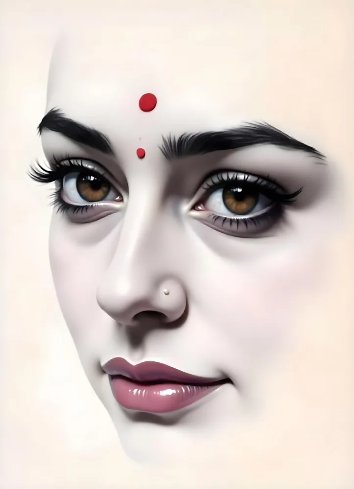 An Indian Woman 23 Years Old Light Skin Brown Eyes White Hair Red Bindi Brown Lips In A Black Background 2 E0f8