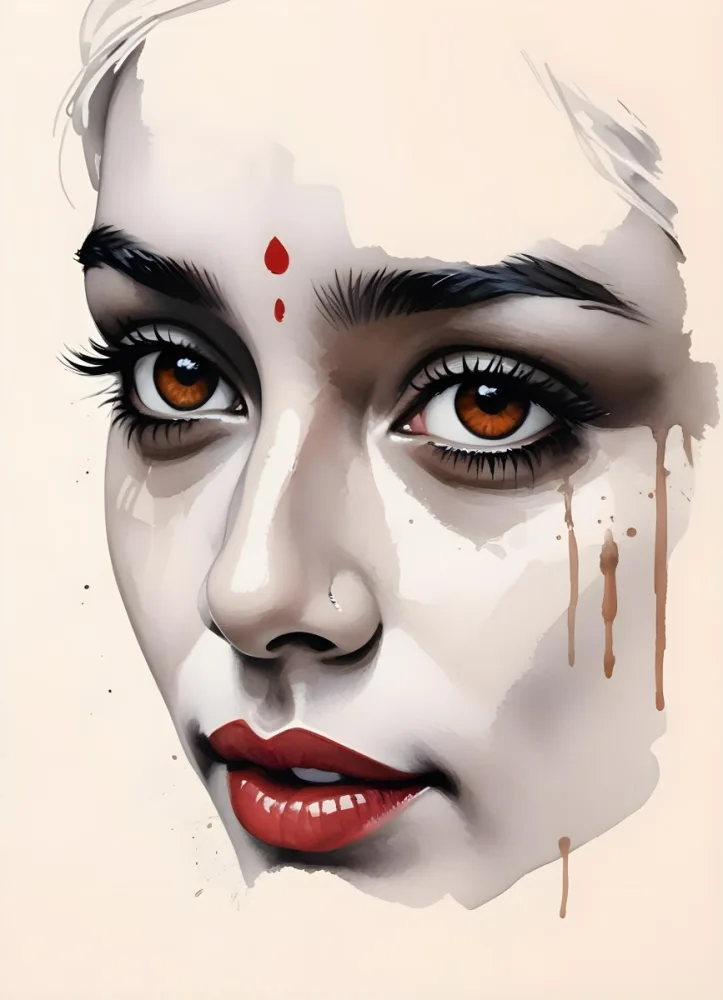 An Indian Woman 23 Years Old Light Skin Brown Eyes White Hair Red Bindi Brown Lips In A Black Background 32 7595