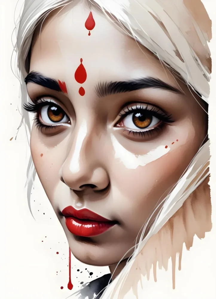 An Indian Woman 23 Years Old Light Skin Brown Eyes White Hair Red Bindi Brown Lips In A Black Background 33 756b