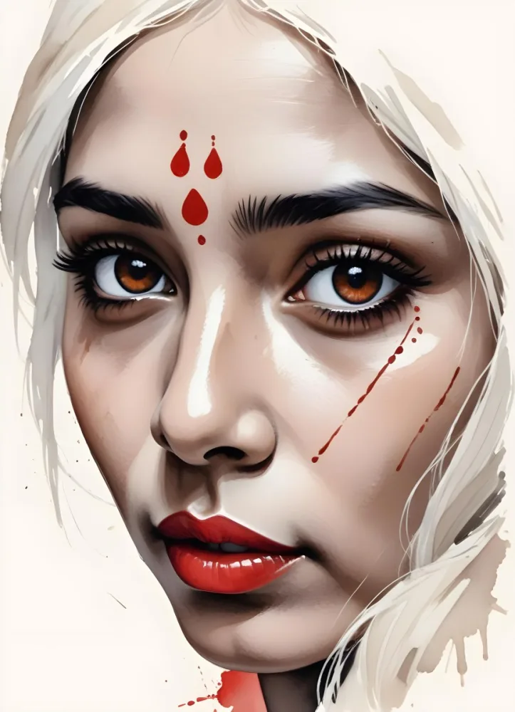An Indian Woman 23 Years Old Light Skin Brown Eyes White Hair Red Bindi Brown Lips In A Black Background 35 7652