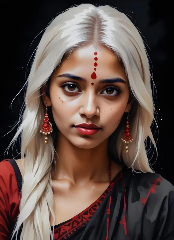 An Indian Woman 23 Years Old Light Skin Brown Eyes White Hair Red Bindi Brown Lips In A Black Background 36 6862