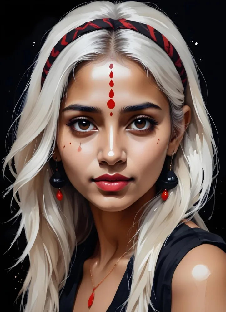 An Indian Woman 23 Years Old Light Skin Brown Eyes White Hair Red Bindi Brown Lips In A Black Background 41 25fd