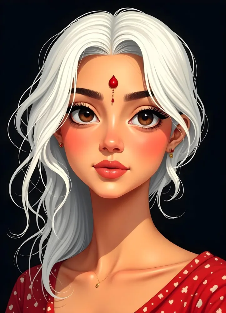 An Indian Woman 23 Years Old Light Skin Brown Eyes White Hair Red Bindi Brown Lips In A Black Background 7 114f