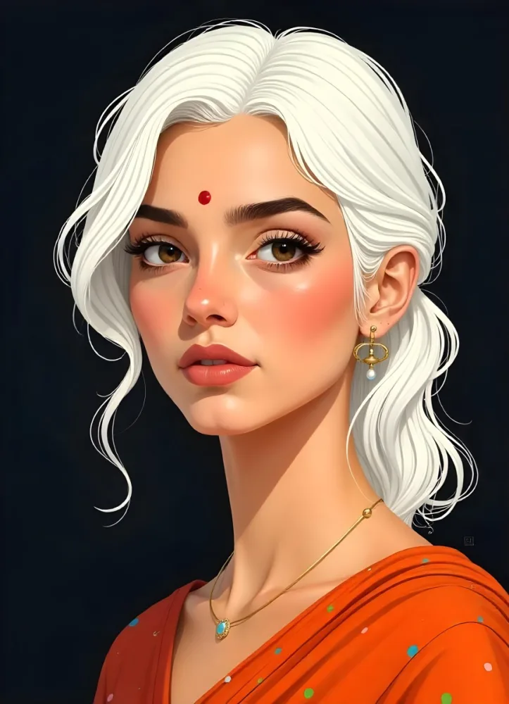 An Indian Woman 23 Years Old Light Skin Brown Eyes White Hair Red Bindi Brown Lips In A Black Background 8 9a8c