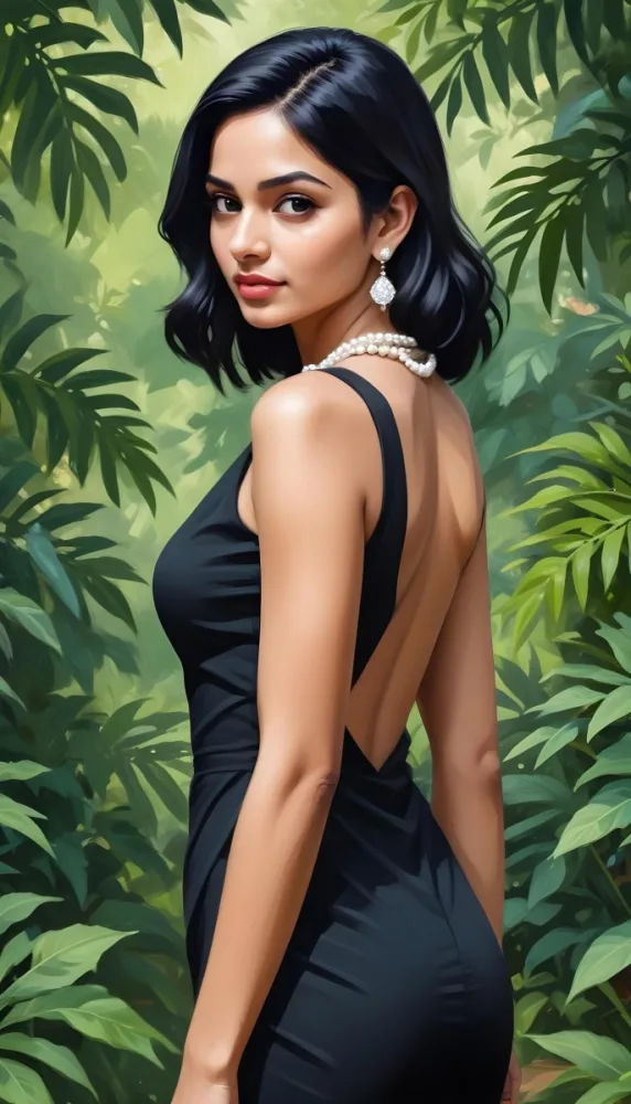 An Indian Woman 25 Years Old Black Hair Wearing A Black Dress And A Pearl Necklace In A Garden With Green Leaves In The Background 1 0d88