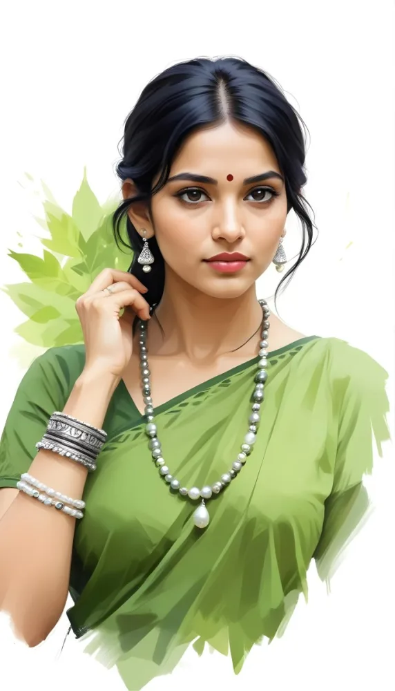An Indian Woman 25 Years Old Black Hair Wearing A Black Dress And A Pearl Necklace In A Garden With Green Leaves In The Background 12 01d5