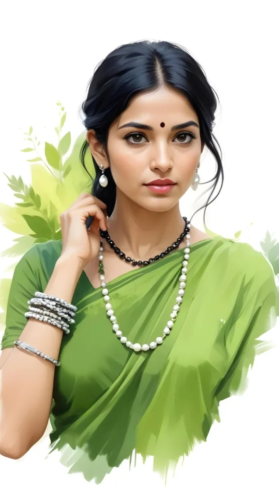 An Indian Woman 25 Years Old Black Hair Wearing A Black Dress And A Pearl Necklace In A Garden With Green Leaves In The Background 18 Cf6b