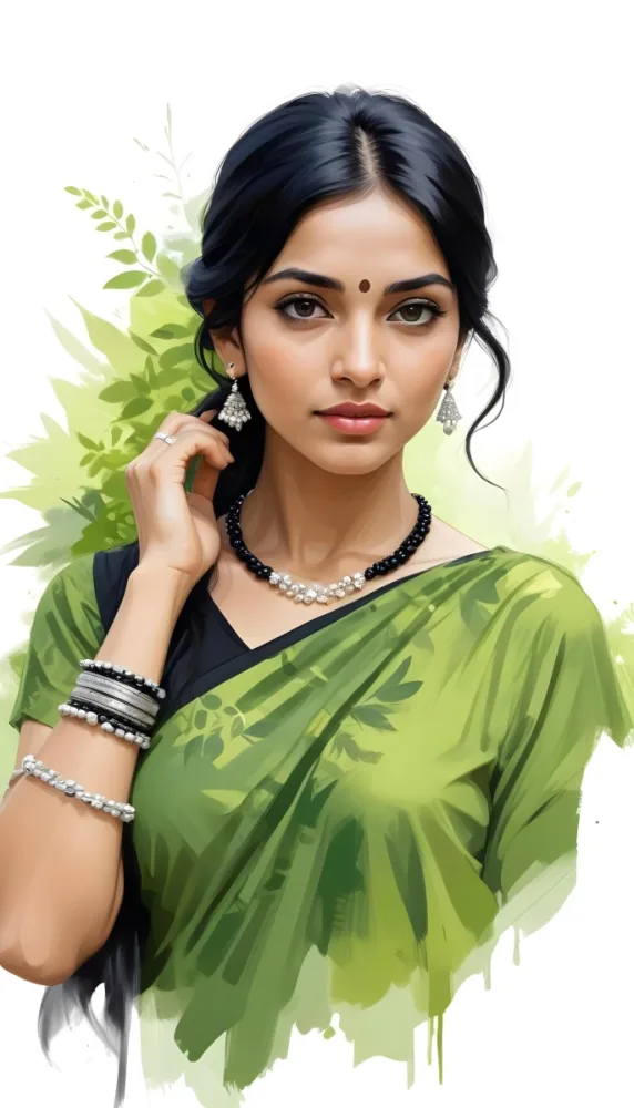 An Indian Woman 25 Years Old Black Hair Wearing A Black Dress And A Pearl Necklace In A Garden With Green Leaves In The Background 2 Ec32