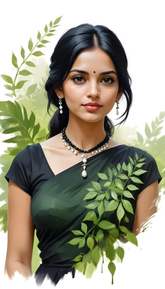 An Indian Woman 25 Years Old Black Hair Wearing A Black Dress And A Pearl Necklace In A Garden With Green Leaves In The Background 21 Bf53