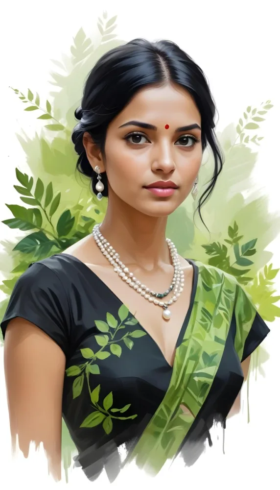 An Indian Woman 25 Years Old Black Hair Wearing A Black Dress And A Pearl Necklace In A Garden With Green Leaves In The Background 22 F47c