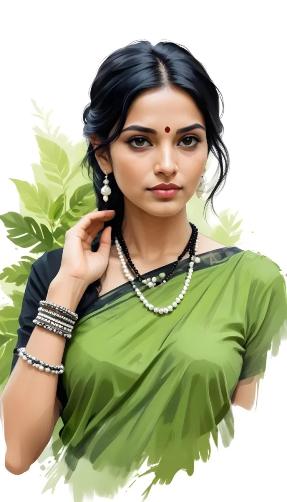 An Indian Woman 25 Years Old Black Hair Wearing A Black Dress And A Pearl Necklace In A Garden With Green Leaves In The Background 36 E39d
