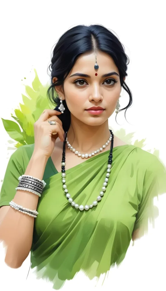 An Indian Woman 25 Years Old Black Hair Wearing A Black Dress And A Pearl Necklace In A Garden With Green Leaves In The Background 7 7768