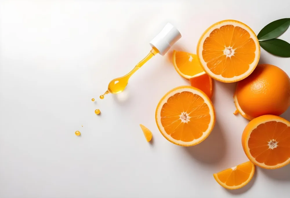 An Orange Bottle Of Facial Oil Serum With A Dropper Surrounded By Sliced Oranges On A White Background 11 7077