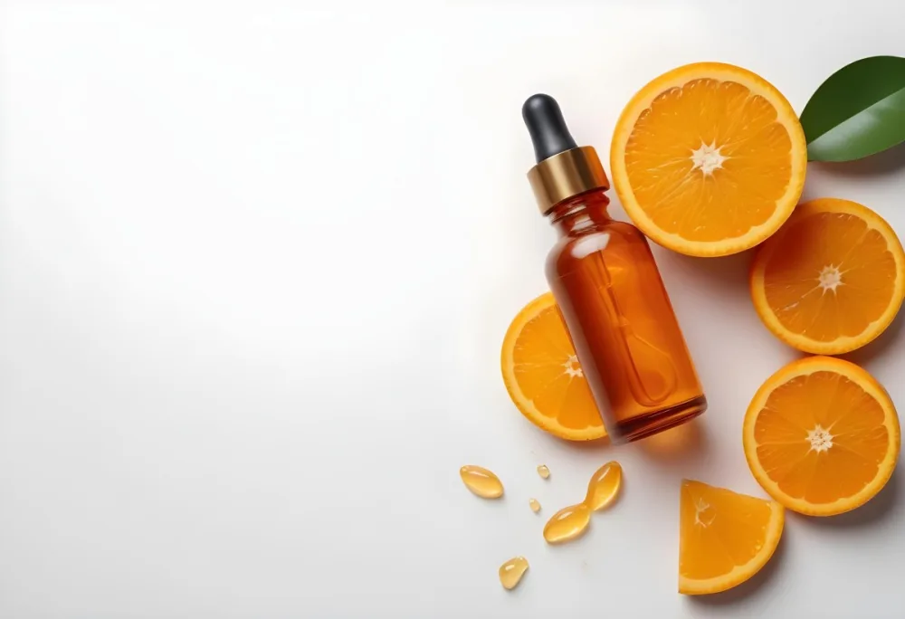 An Orange Bottle Of Facial Oil Serum With A Dropper Surrounded By Sliced Oranges On A White Background 12 466a
