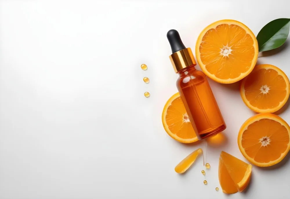 An Orange Bottle Of Facial Oil Serum With A Dropper Surrounded By Sliced Oranges On A White Background 13 2253
