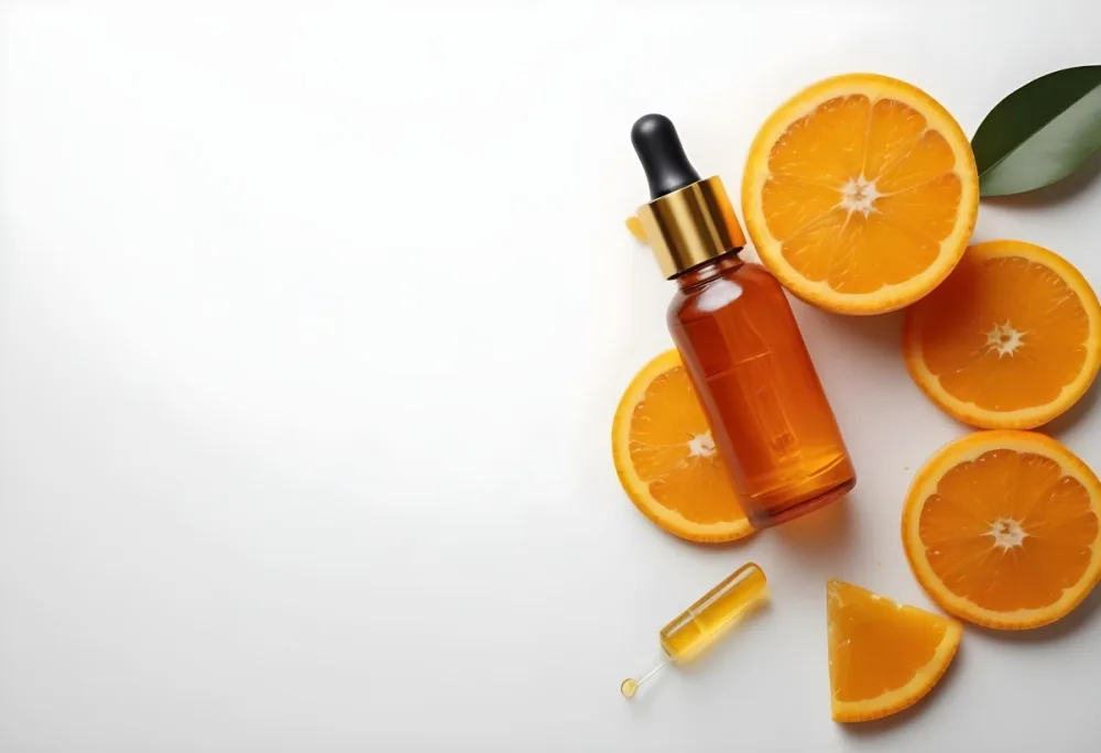 An Orange Bottle Of Facial Oil Serum With A Dropper Surrounded By Sliced Oranges On A White Background 21 873a