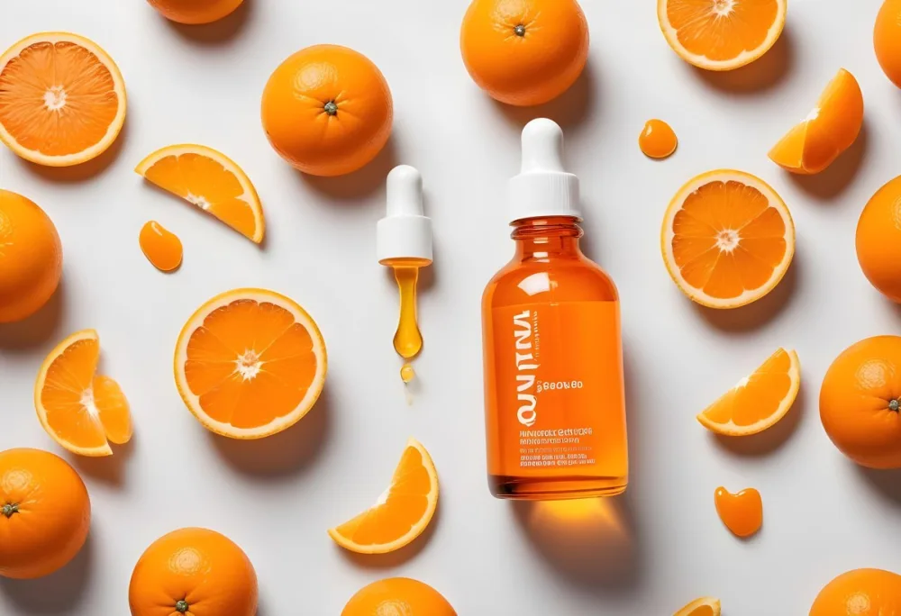 An Orange Bottle Of Facial Oil Serum With A Dropper Surrounded By Sliced Oranges On A White Background 27 952a