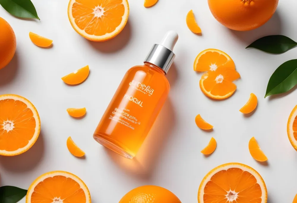 An Orange Bottle Of Facial Oil Serum With A Dropper Surrounded By Sliced Oranges On A White Background 28 745e
