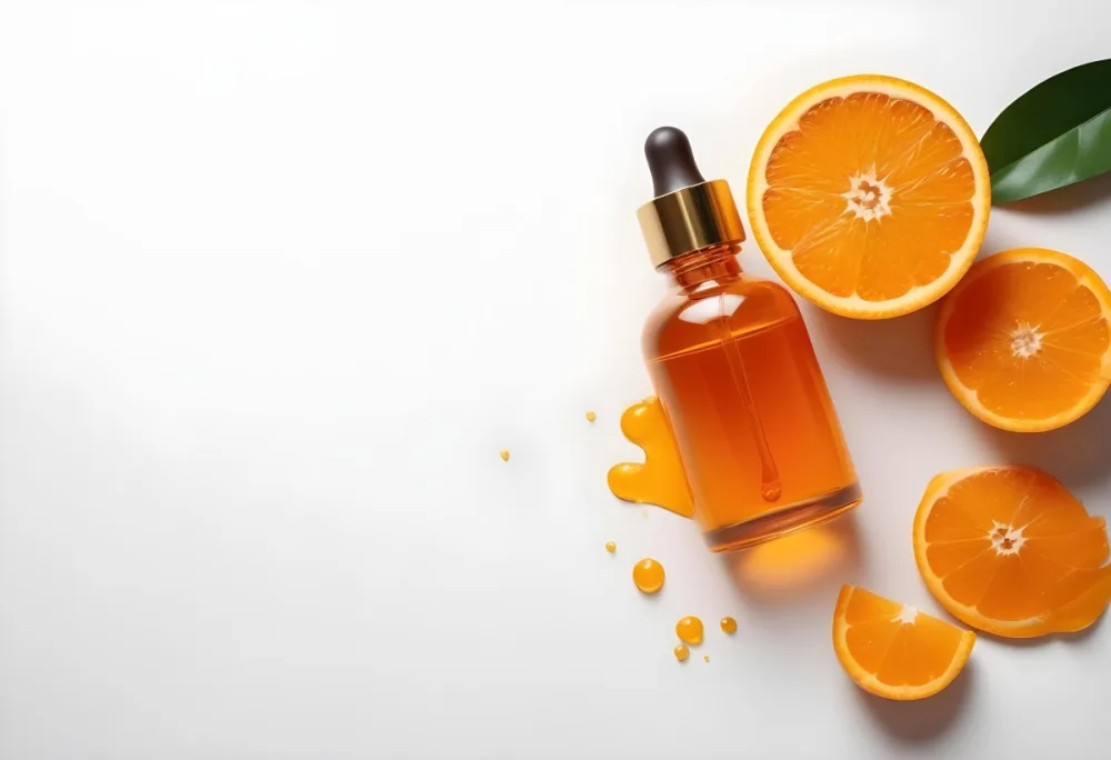 An Orange Bottle Of Facial Oil Serum With A Dropper Surrounded By Sliced Oranges On A White Background 29 F6ad