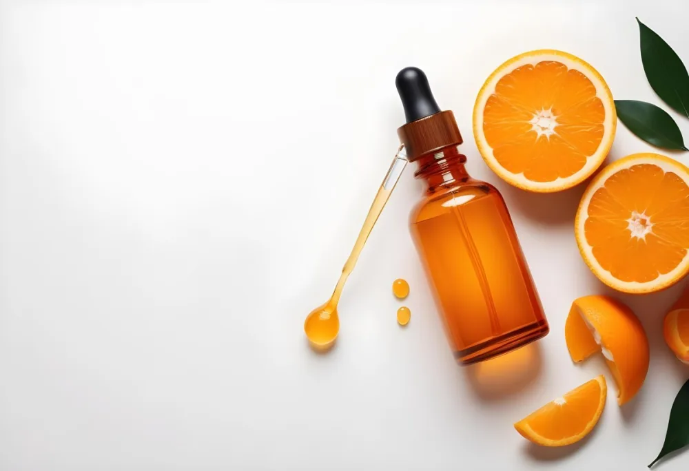 An Orange Bottle Of Facial Oil Serum With A Dropper Surrounded By Sliced Oranges On A White Background 3 B604