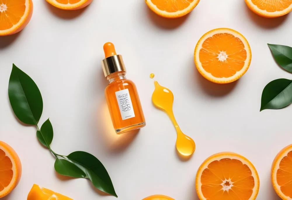 An Orange Bottle Of Facial Oil Serum With A Dropper Surrounded By Sliced Oranges On A White Background 31 50a0