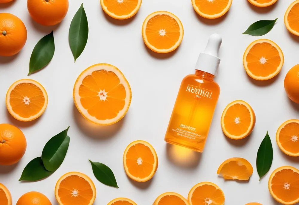An Orange Bottle Of Facial Oil Serum With A Dropper Surrounded By Sliced Oranges On A White Background 4 Dd1b