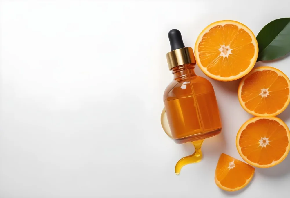 An Orange Bottle Of Facial Oil Serum With A Dropper Surrounded By Sliced Oranges On A White Background 5 C3c7