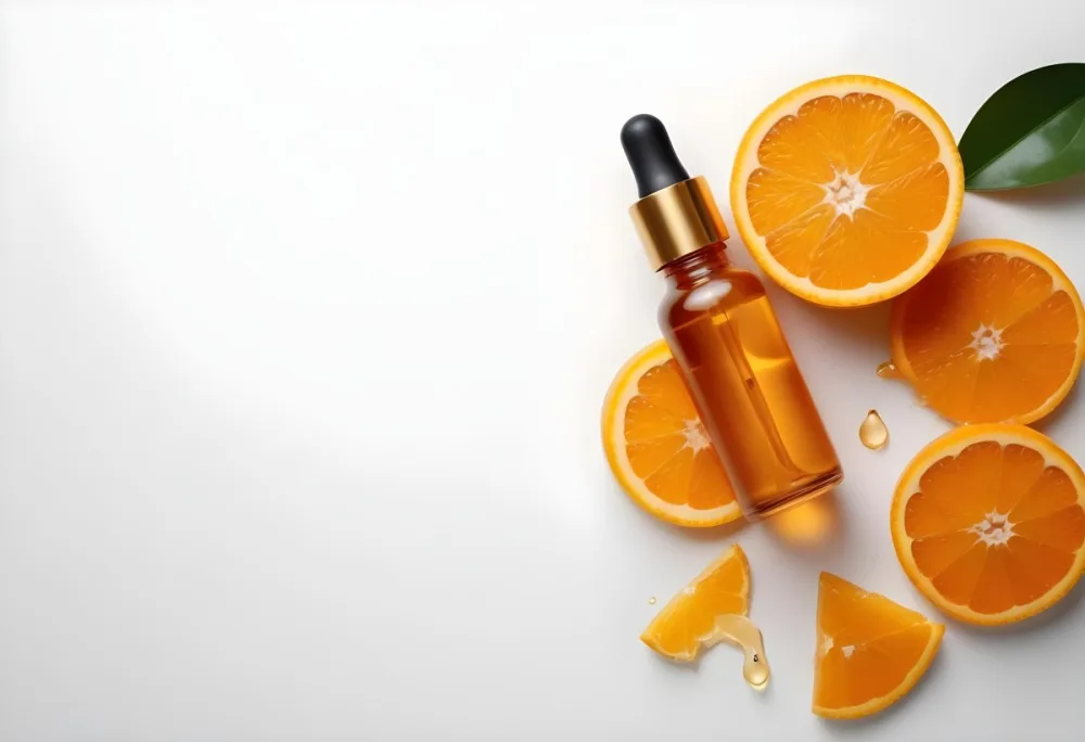 An Orange Bottle Of Facial Oil Serum With A Dropper Surrounded By Sliced Oranges On A White Background 6 82c7