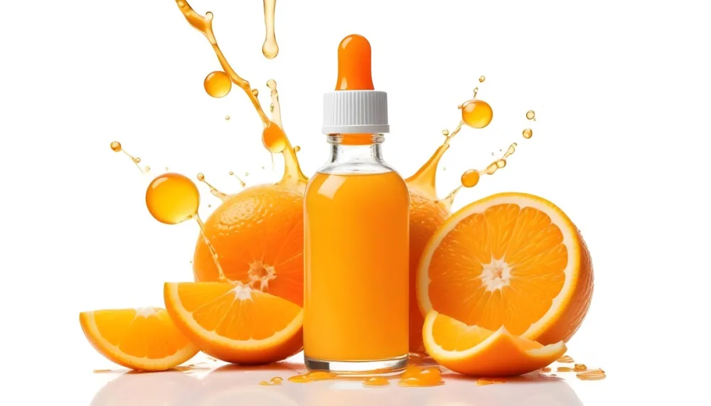 An Orange Glass Bottle With A Dropper Surrounded By Sliced Oranges And Orange Liquid Droplets Against A White Background 10 9273