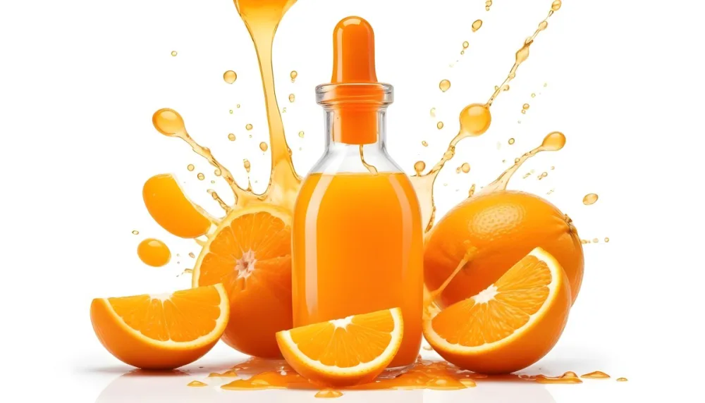 An Orange Glass Bottle With A Dropper Surrounded By Sliced Oranges And Orange Liquid Droplets Against A White Background 8 5af1