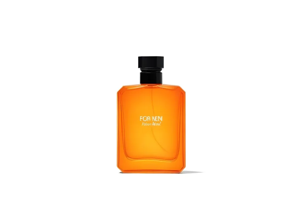 An Orange Perfume Bottle With White Cap And The Words For Men In A Black Background 1 7168